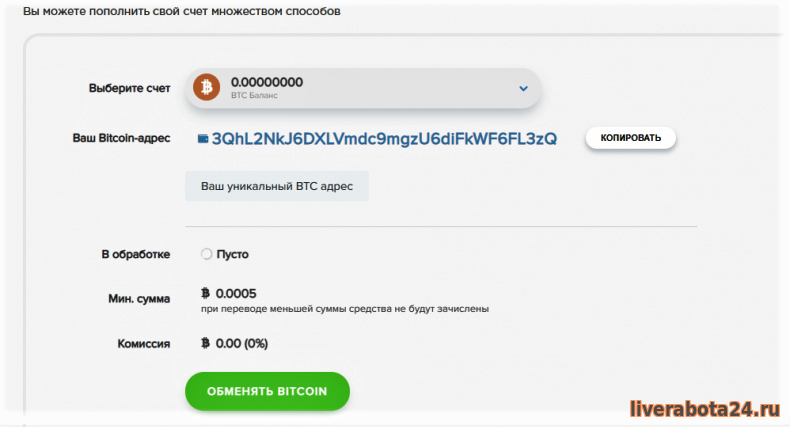 Пополнение счета криптовалютой на Bitcoin-адрес